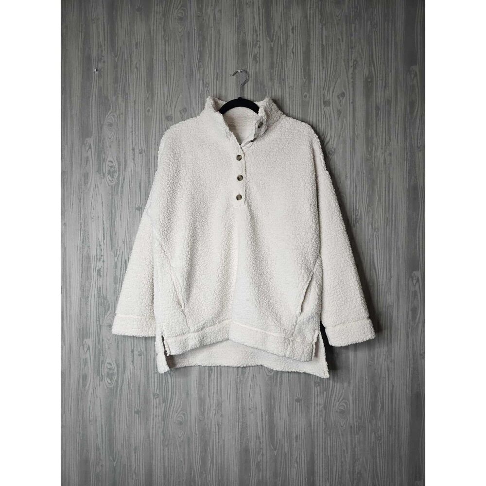 Aerie White Sherpa Fleece Pullover Snap Henley Jacket Women's Size S Cozy Teddy‎
